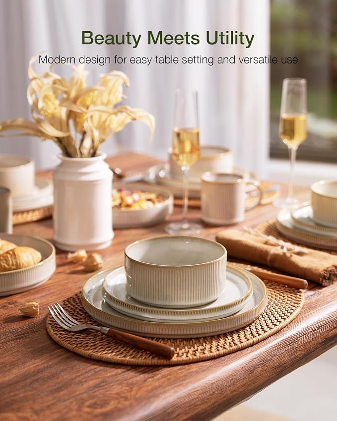 Famiware Star Plates and Bowls Sets, Modern Stoneware Dinnerware Sets for 8, 24-Piece Kitchen Dish Set - Microwave and Dishwasher Safe, Chip and Scratch Resistant, Cappuccino White