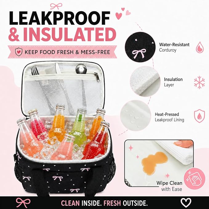 BTOOP Insulated Lunch Box for Women, Cute Corduroy Lunch Bag with Shoulder Strap, Leakproof Wide-Open Lunch Tote for Work, Office, School, Picnic, Pink Bow-Black