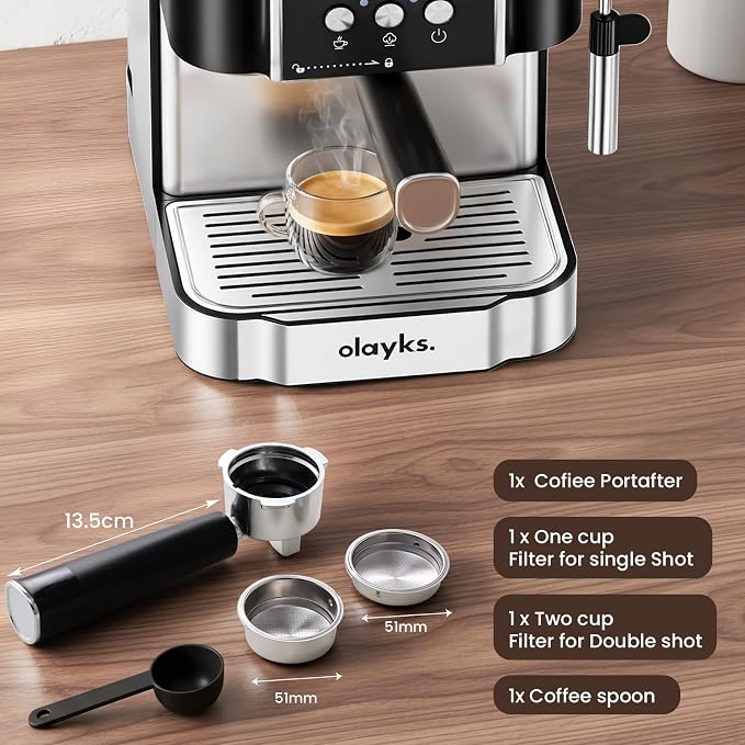 Espresso Machine 20 Bar, Compact Espresso Maker with Milk Fother Steam Wand, Stainless Steel Coffee Machine with 60oz Removable Water Tank for Cappuccina, Latte, Home and Office