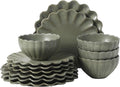 Gibson Elite Bistro Fleur Plates and Bowls Sets, 12-Piece Stoneware Dinnerware Set for 4, Matte Green Scalloped Dish Set with Dinner Plates, Salad Plates & Bowls