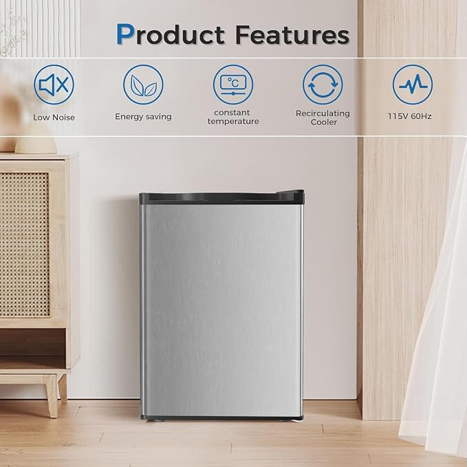 Antarctic Star Mini Compact Refrigerator with Freezer, 2.6 Cu.Ft. Single Door Adjustable Removable Shelves for Apartment/Dorm/Office,Silver