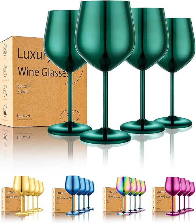 UNISWEET Stainless Steel Wine Glasses Set of 4 Unbreakable Wine Glass 18 oz Unique Metal Wine Goblets for Outdoor, Travel, Camping, Pool, Ideal Gift for Wine Lovers (Green)