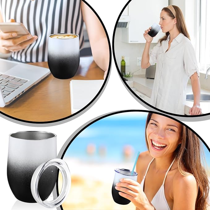 Remagr 16 Pack Stainless Steel Wine Tumblers 12 oz Insulated Vacuum Wine Cup Set Double Wall Stainless Steel Stemless Mug Glasses for Coffee Soda Whiskey Outdoor Travel (Black and White)