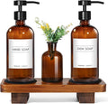 KASUNTING Amber Glass Soap Dispenser with Upgraded Flat Pump, Dish Soap Dispenser for Kitchen, Hand Soap Dispenser for Bathroom, Decorative Vase & Wood Riser Bathroom Decor(Amber02)