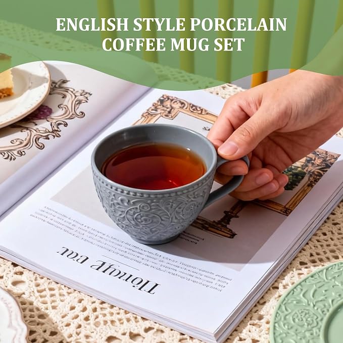Sophisticated English Afternoon Tea Set, Good for Tea & Latte, Embossed Vintage Cup & Saucer in Slate Grey and Sage Green, 8.5oz Microwave & Dishwasher Safe Stoneware