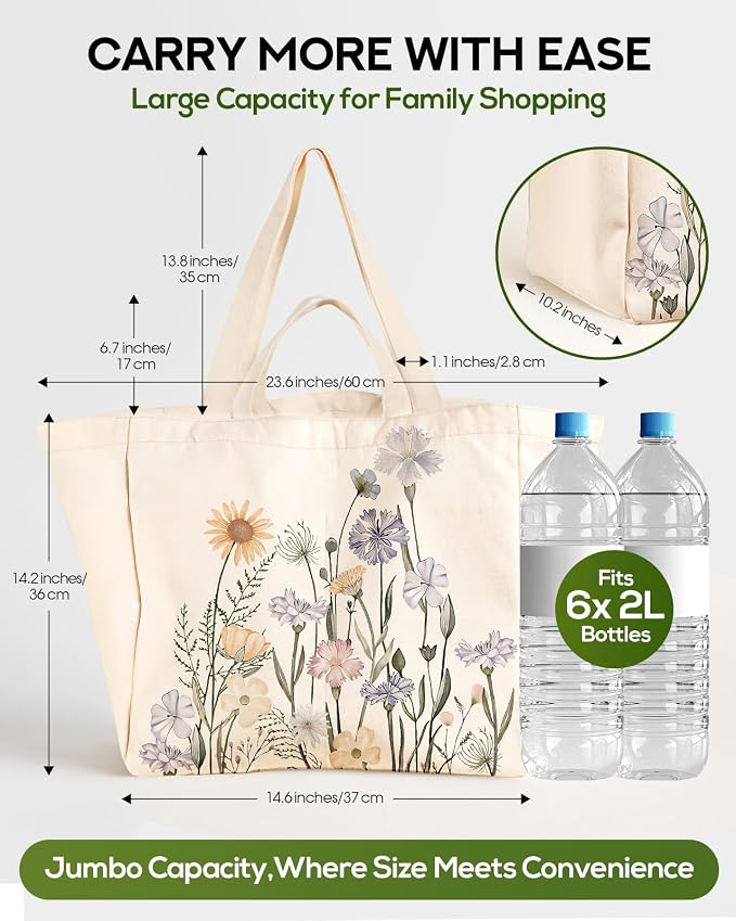 Miss Adola Large Canvas Grocery Tote Bag - Reusable Extra Large Shopping Shoulder Bags with 6 Inner Pockets & 2 Handle Strap