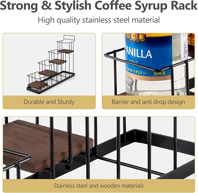 Coffee Syrup Rack Organizer, with Rustic Wood Holder Coffee Station Bar Accessory for Syrup, Wine, Dressing Bottle Countertop Display Storage Stand for Kitchen with Basket and Hooks Holds 4 Bottles