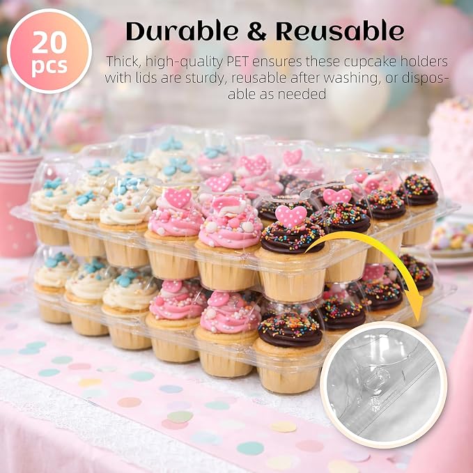 WIKDAY (24 Count x 20 Sets Plastic Cupcake Containers with Liners, Clear Cupcake Holder with Lids, Disposable Cupcake Carrier for Bakery, Cupcake Storage Box for Parties, Bake Sale Packaging