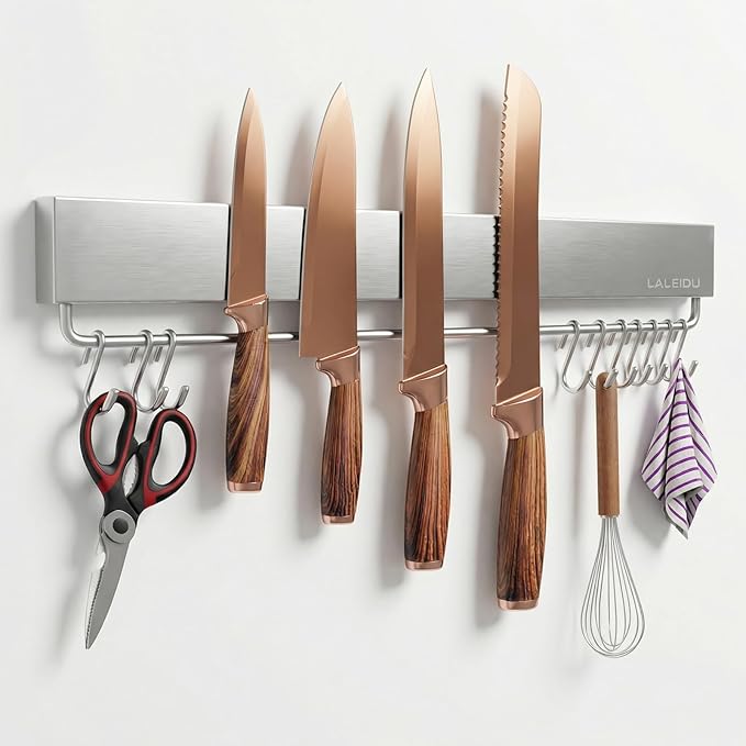 17 Inch Magnetic Knife Holder for Wall - Magnetic Knife Strip with Strong Magnets, Stainless Steel Magnetic Knife Bar with 10 Hooks/Adhesive Tape/Screws, Wall Mounted Knife Storage for Kitchen