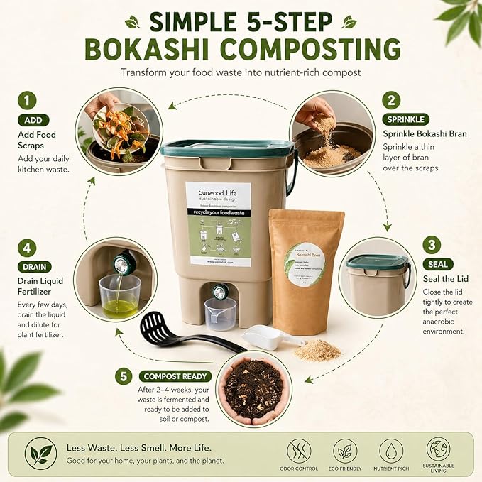 Indoor Bokashi Composter Starter Kit- Beige, 2.2 lb Premium Bokashi Bran Included, Easliy Turn Your Kitchen Wastes into Nutrition for Your Garden Soil