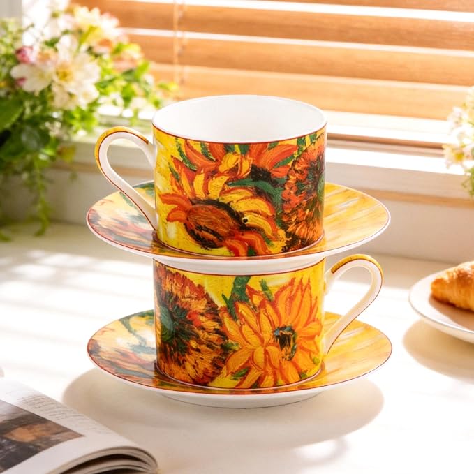 KAMMAK Tea Cups and Saucers Set of 2, Porcelain Coffee Cups, Stackable Espresso Mugs, Ceramic Demitasse for Coffee, Cappuccino, Latte, Americano, Tea, Large - Sunflower Oil Painting