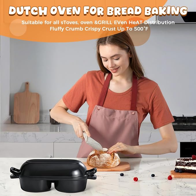 Mini Double Dutch Oven for Sourdough Bread Baking, 2.2QT (Black) | Enamelled Cast Iron Bread Pan with Lid, Double Round Loaf Space, 16.5cm Diameter, Mini Double Dutch Oven for Homemade Baking