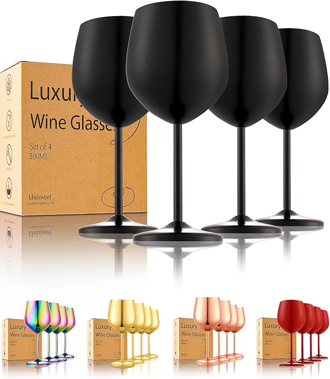 UNISWEET Stainless Steel Wine Glasses Set of 4 Unbreakable Wine Glass 18 oz Unique Metal Wine Goblets for Outdoor, Travel, Camping, Pool, Ideal Gift for Wine Lovers (Matte-Black)