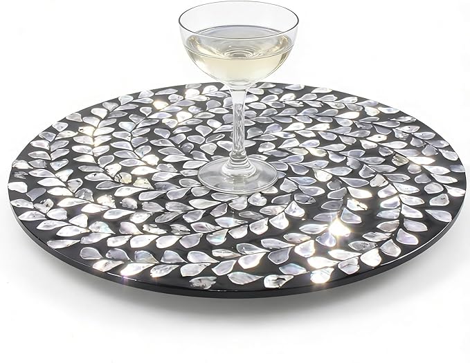 13.4" Mother of Pearl Lazy Susan, 360 Degrees Rotating Table Turntable Organizer Round Wood Spinning Tray for Countertop Table Cabinet Living Room Kitchen Office Home Decor (Black Willow)