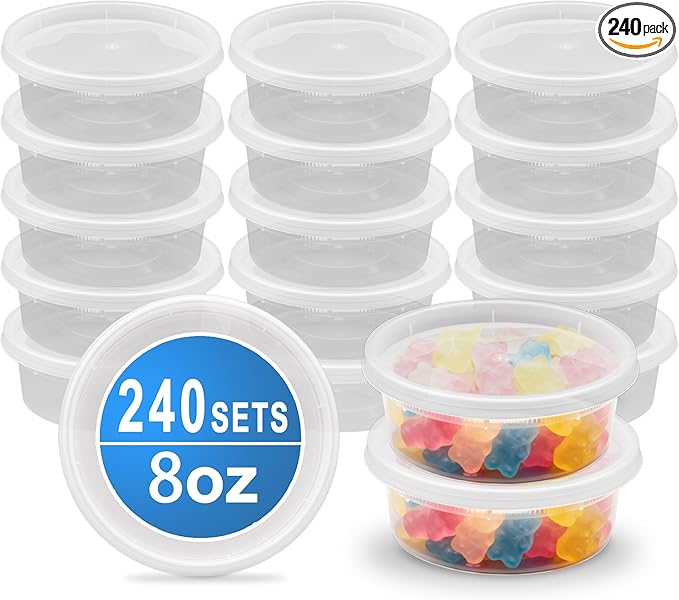240 Sets 8oz Deli Food Storage Containers, Plastic Takeout Deli Cups for Meal Prep Leftover, Reusable Round Soup Containers with Lids, BPA Free, Stackable, Leakproof, Microwave and Freezer Safe