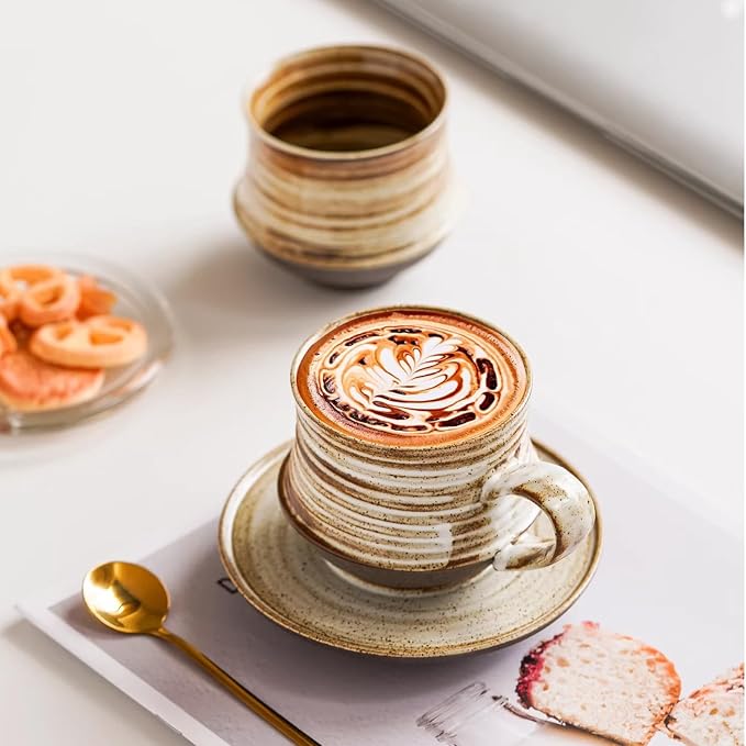 210ml Ceramic Mug Saucer Set Home Wabi Sabi | retro, artisan, original design, minimalist, durable, latte, afternoon tea
