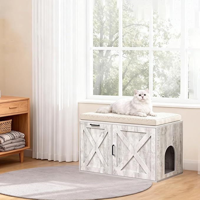 Cat Litter Box Enclosure Furniture with Storage Compartment, Hidden Litter Box Cabinet with Dedicated Space for Trash Can for Living Room, Bedroom, 35.4 x 19.4 x 17.7 Inches，Taupe