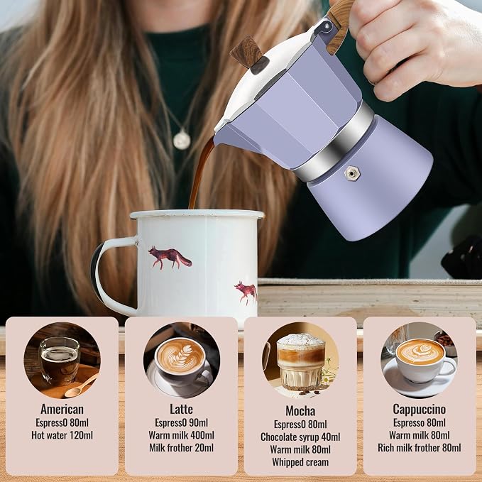 9 Cup Aluminum Moka Pot Classic Stovetop Espresso Coffee Maker 450ml 15oz Coffeemaker Percolator Mocha Pot Greca Coffee Maker Cafe Makers for Italian and Cuban Café Brewing Purple