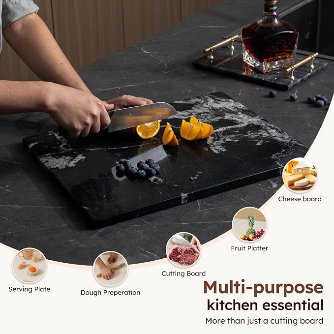 Diflart Natural Marble Stone Cutting Board for Kitchen, 16x20 Inch, Black, Marble Slab Pastry Board Large with Non-Slip Feet for Cheese, Charcuterie, Dough Chocolate, Pack of 1 Piece