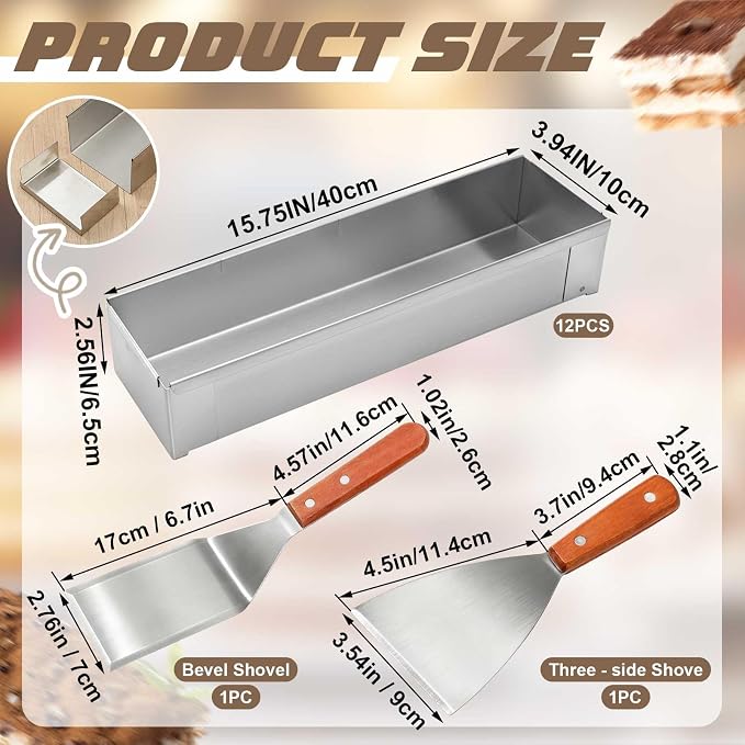 Blushtier 12 Nonstick Rectangle Tiramisu Cake Pan with Acrylic Lid and 2 Metal Spatula Removable Frame 304 Stainless Steel Cake Baking Molds for Tiramisu Cheesecake Mousse (15.75 x 3.94 x 2.56 Inch)