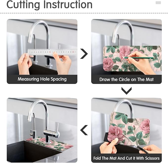 Kitchen Sink Splash Guard 1 PC 30 Inch Sink Faucet Mat Splash Guard for Bathroom Countertop Water Absorbent Foldable Cuttable Soft Washable Pink Vintage Roses with Leaves