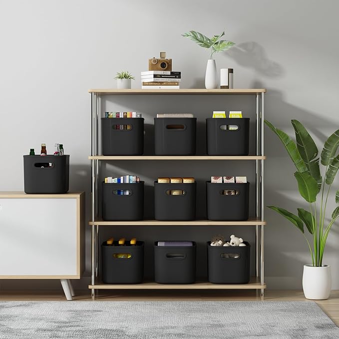 ORGIDOL 6 Pack Black Storage Bins with Lids Stackable Storage Container for Organizing, Black Storage Boxes with Handle for Shelves, Cute Organizer Bins for Craft, Snacks, 9.85x6.9x5.7 inch