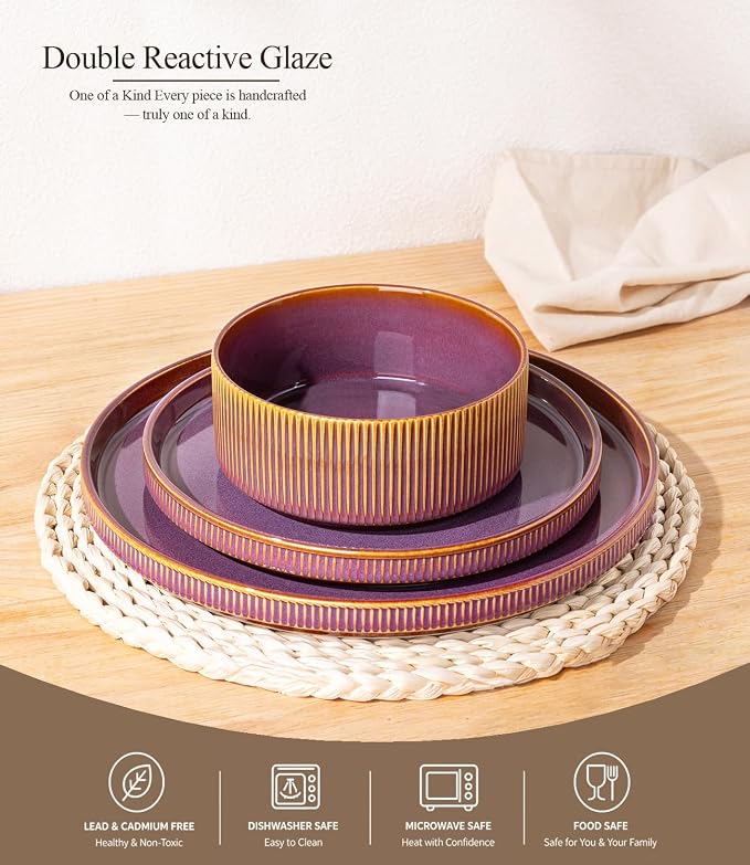 GBHOME 12-Piece Stoneware Dinnerware Set for 4 – Ribbed Ceramic Plates and Bowls, Scratch-Resistant, Microwave & Dishwasher Safe, Reactive Glaze,Purple Gradient