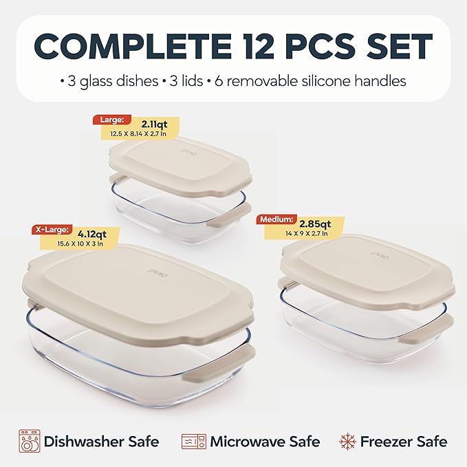 6-Piece Deep Glass Baking Dishes with Plastic Lids, Clear Glass Bakeware with Silicone Handles, (2.11QT, 3QT, 4.12QT) Casserole Dishes, Oven Dishwasher and Freezer safe, Rectangular Stackable Nesting Baking Dish set (White)