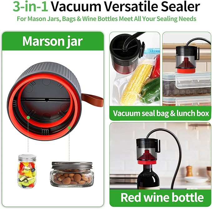 Electric Mason Jar Vacuum Sealer Kit for Wide and Regular Mouth Jars - Vacuum Sealer Machine with -80kpa Suction, Automatic One-Button Operation for Food Storage