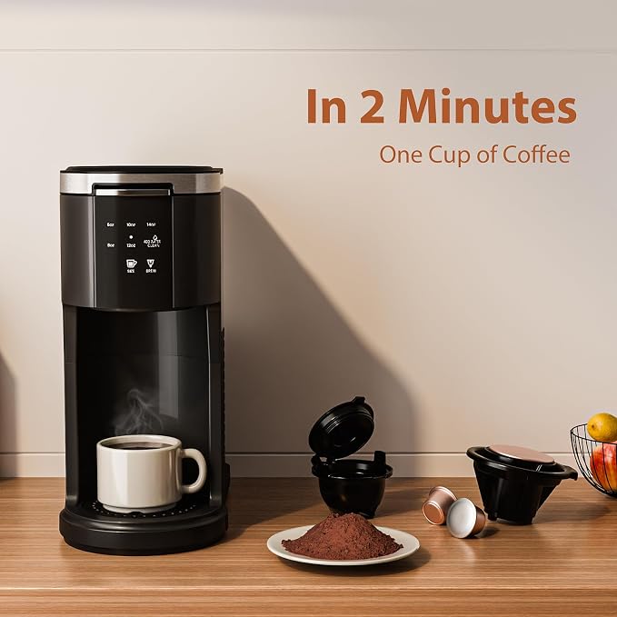 WAA Single Serve Coffee Maker, Fast Coffee Machine for Capsule & Ground Coffee, Coffee Brewer with Memory Function, 6 to 14 oz Brew Sizes, 40 oz Removable Water Tank for Home/Office/RV, Black