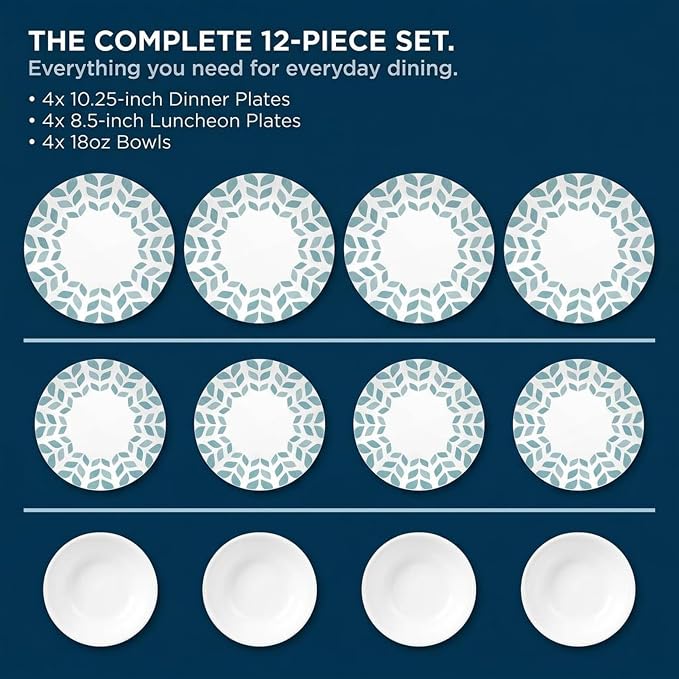 Corelle Vitrelle Glass Dinnerware Set, Chip & Crack Resistant Triple Layer Glass, 12-PC Dinnerware Set, Northern Pines