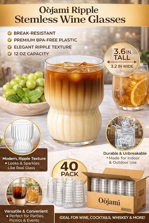 Oojami 40 Pack Disposable Wine Glasses 12 oz Stemless Plastic Cups - Shatterproof BPA-Free Reusable Recyclable Ribbed Wine Cups for Cocktail Champagne Whiskey - Unbreakable Wedding Party Birthday