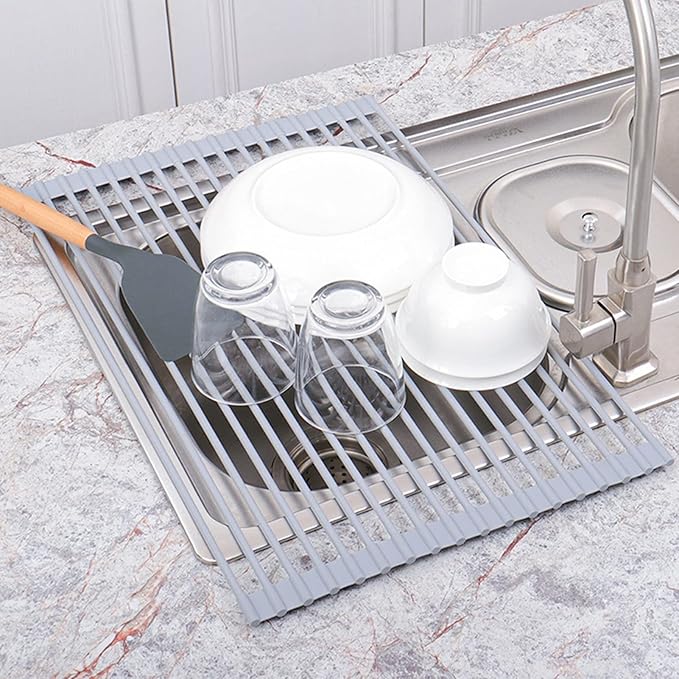 Over Sink Roll Up Dish Drying Rack - Silicone Coated Stainless Steel Kitchen Strainer(52 * 33.5cm)