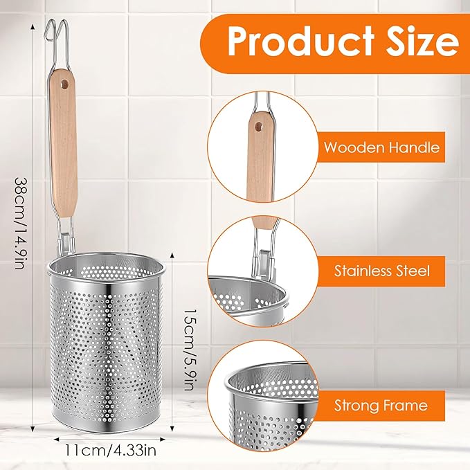 4pcs Pasta Strainer 15'' × 5.5'' Stainless Steel Pasta Basket Mesh Cooker with Wood Handle Kitchen Mesh Spider Noodle Strainer Skimmer for Boiling Food Dumpling Noodle Blanching Basket
