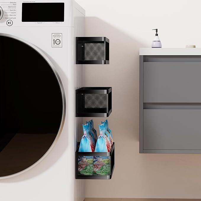 3 Pack Magnetic Shelves for Washing Machine, Strong Hold Black Magnetic Baskets, Multipurpose Magnetic Laundry Organizer & Spice Rack for Refrigerator, Ideal Laundry Room Organization and Storage
