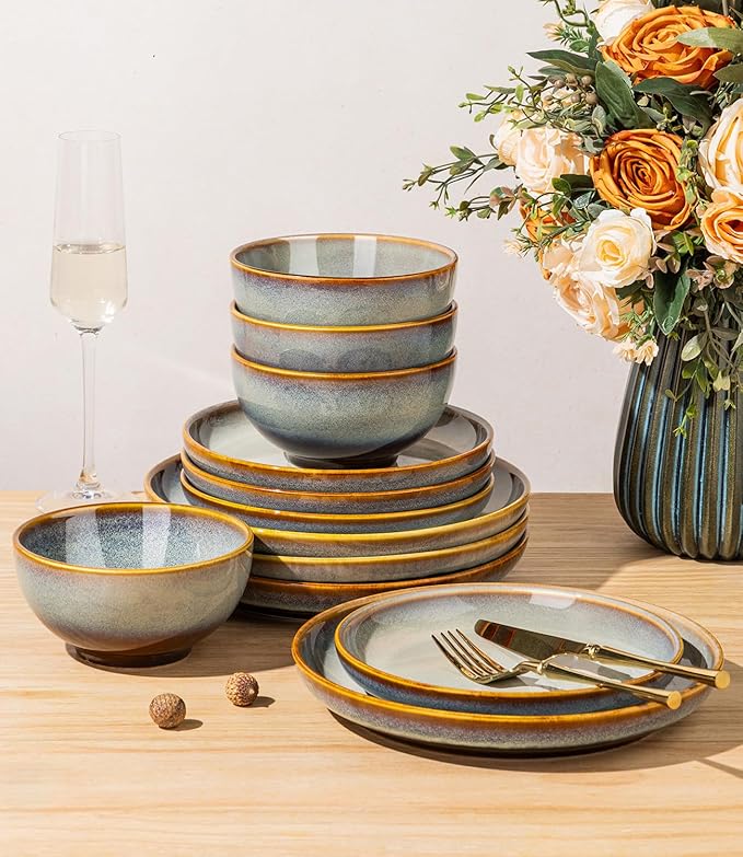 TheTerra Stoneware Dinnerware Sets for 4, 12 Pieces Ceramic Plates and Bowls Sets, Scratch Resistant Dish Set, Oven, Microwave & Dishwasher Safe, Dusk Blue
