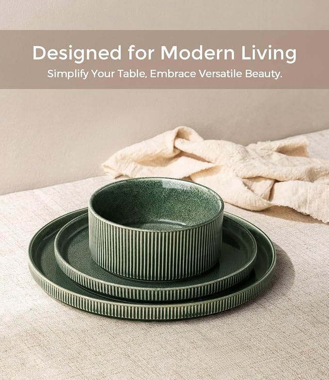 GBHOME 18-Piece Stoneware Dinnerware Set for 6 – Ribbed Ceramic Plates and Bowls, Scratch-Resistant, Microwave & Dishwasher Safe, Reactive Glaze, Dark Green