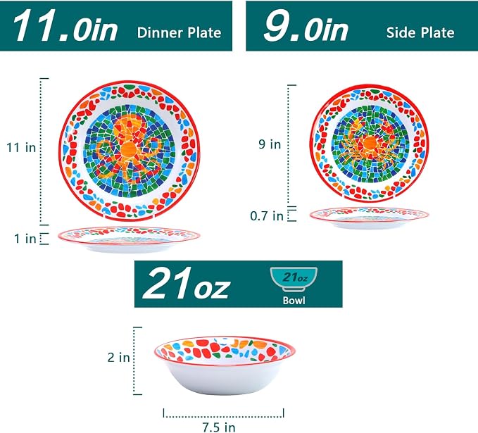 Melamine Dinnerware Sets for 4,Unbreakable Coastal Red Dishes | Reusable Plates and Bowls Sets, Chip Resistant Dinnerware Set for Camping, Lightweight Dishes with Nautical Ocean