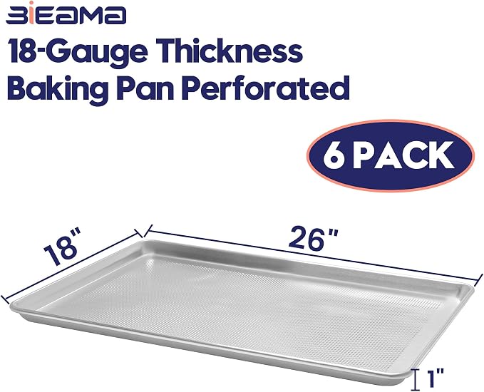 BIEAMA 6 Pack Full Size 18" x 26" Aluminum Baking Sheet Pan Perforated, Commercial Bakery Equipment Cookie Sheets, NSF Approved Baking Tray | Aluminum Commercial Bakery Equipment Cookie Sheets, NSF Approved Baking Tray
