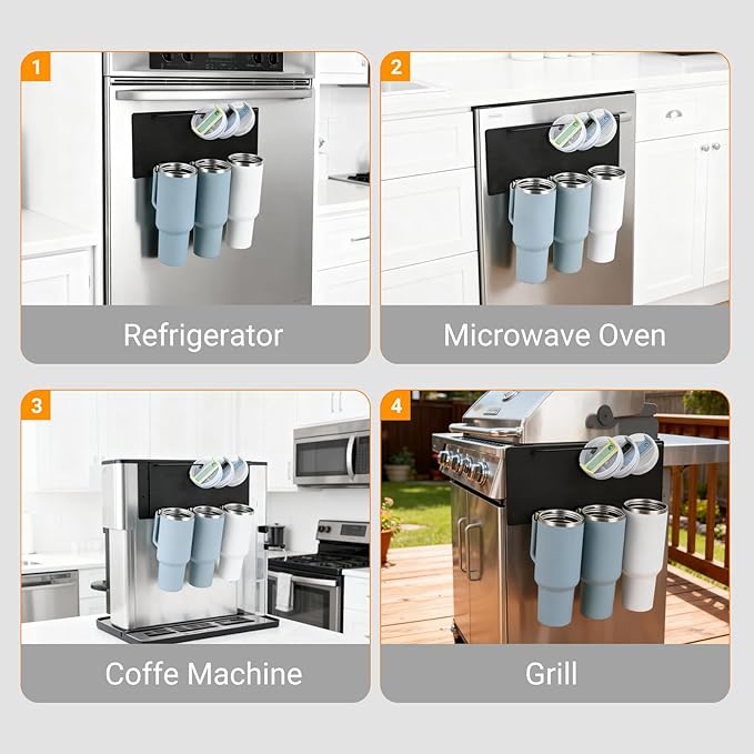 Magnetic Stanley Cup Holder for Refrigerator - Waycco Upgraded 2-in-1 Tumbler Organizer with Lid Hanging Bar & Slide-in Hooks, Fits Stanley Adventure Mug, Yeti Rambler & Most Handle Mugs