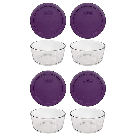 Pyrex 7201 4-Cup Glass Bowl & 7201-PC Purple Food Storage Replacement Lid (4-Pack) - Made in USA