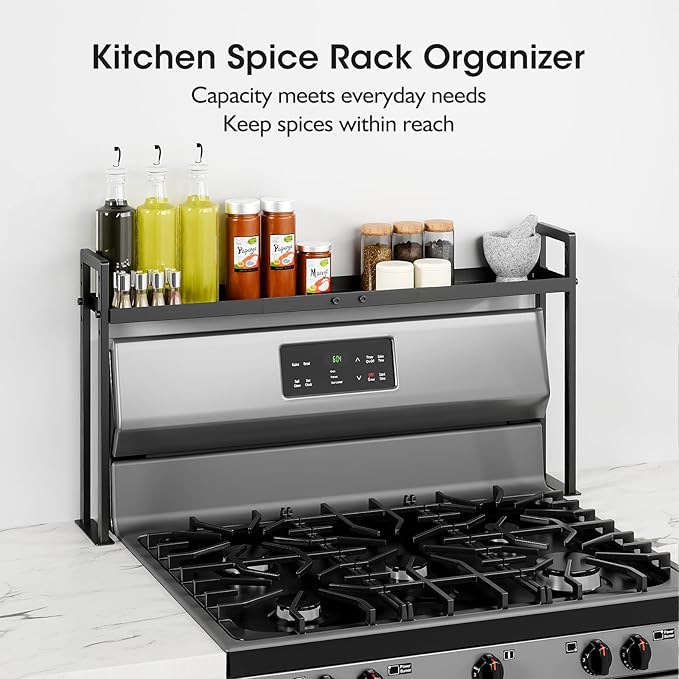 Bumusty Adjustable Stove Top Shelf – Expandable 4-Level Spice Rack and Kitchen Countertop Organizer, Anti-Slip Metal, 27"–33" Length, 11"–14" Height, Black