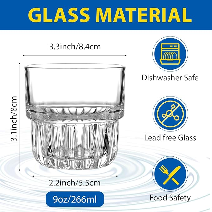24-Pack 9oz Old Fashioned Glass, Bulk Heavy Base Rock Glasses, Stackable Whiskey Tumbler for Bar Espresso Tasting, Drinking Glasses for Bourbon,Juice,Water,Cortado
