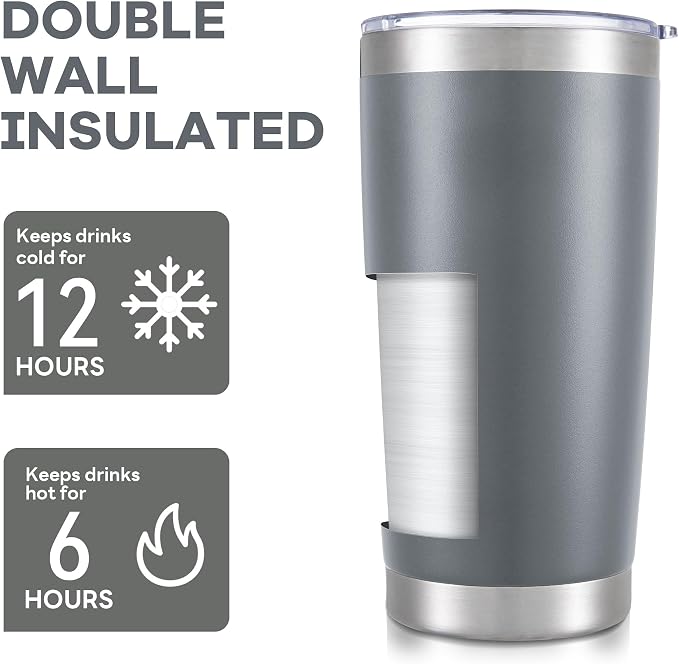 20 oz Tumbler with Lid Stainless Steel Insulated Tumblers Bulk Double Wall Vacuum Cups Powder Coated Travel Mug Keep Drinks Cold and Hot, Grey, 4 Pack
