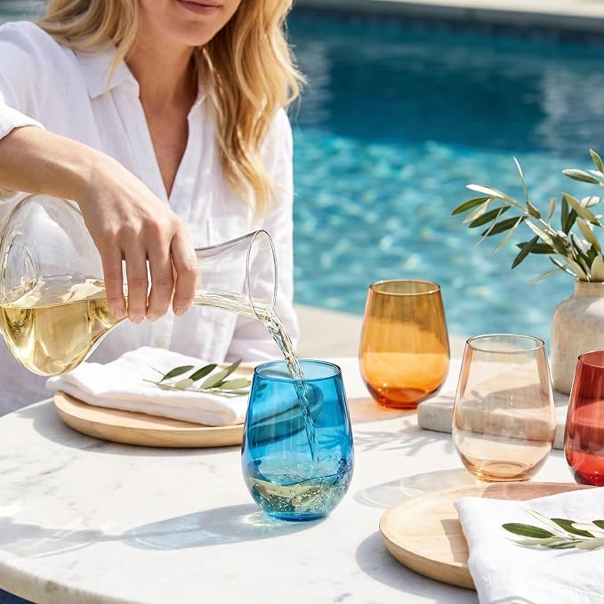 Khen European Style Shatterproof Tritan Stemless Wine Glasses, Acrylic Glass Drinkware, Unbreakable Colored, 12- Set - BPA-free plastic, Reusable, Dishwasher Safe, All Purpose Glassware 15oz - (Muted)
