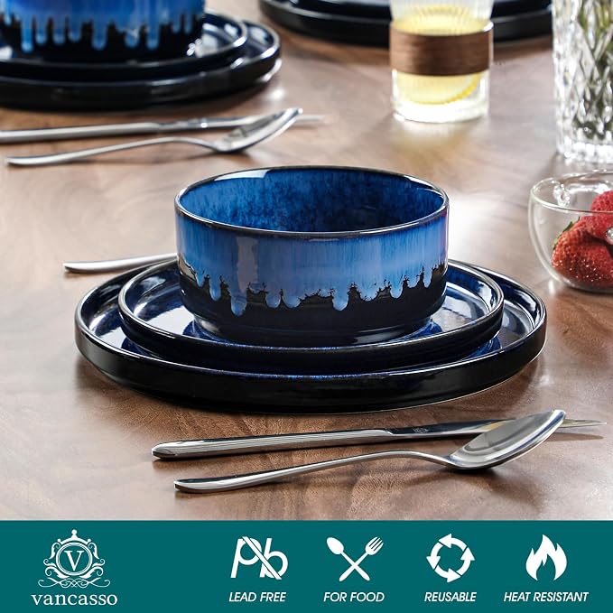vancasso Starry Plates and Bowls Sets,12 Pieces Blue Dinnerware Sets for Kitchen,Modern Stoneware Dishes Set for 4,Dishwasher and Microwave Safe