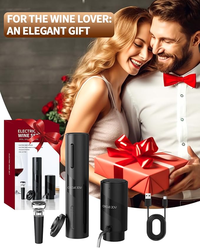 CIRCLE JOY 5-in-1 Electric Wine Bottle Opener Set, Rechargeable Wine Opener Kit, Cordless Wine Gift Set with Foil Cutter, Electric Aerator & Pourer and Vacuum Stopper for Wine Lovers, Black