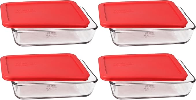 Pyrex 7210 3 Cup Glass Dish & 7210-PC Red Food Storage Replacement Lid (4-Pack) - Made in the USA