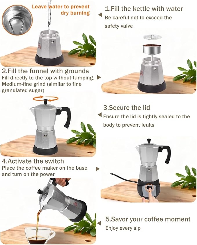 Electric Moka Pot with Detachable Base Aluminum Electric Espresso Maker 10oz 6 Cup 300ml Silver Espresso Coffee Maker Italian Coffee Stovetop Espresso Maker Kitchen Home 110V