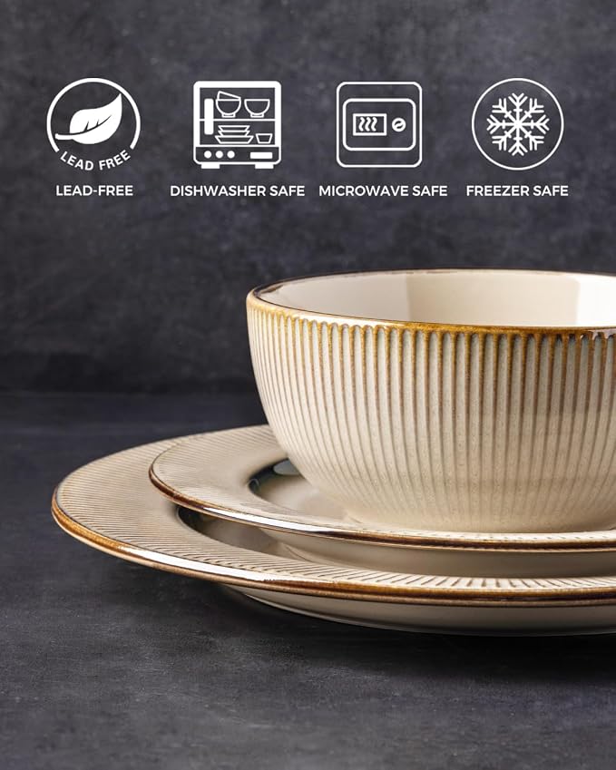 GBHOME Ceramic Dinnerware Sets,18 pcs Embossed Elegant Stoneware Plates and Bowls Sets, Housewarming Wedding Gift | Dishwasher & Microwave Safe | Dishes Set Service for 6